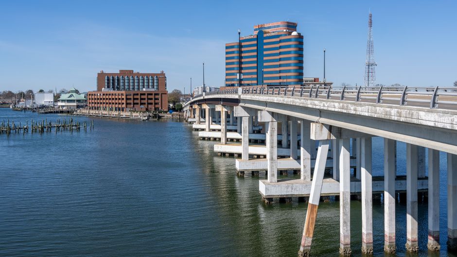 Bridge and causeway crossing a wide bay