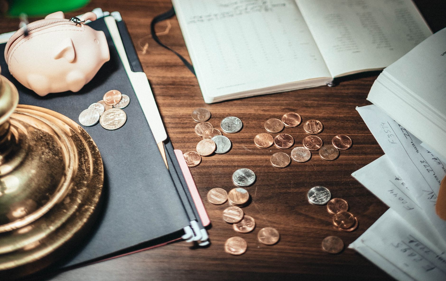Financial documents and currency on a desk