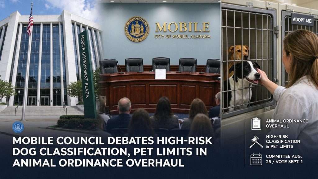 Illustration for the news story: Mobile Council Debates High-Risk Dog Classification, Pet Limits in Animal Ordinance Overhaul