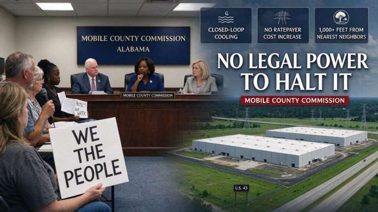 Illustration for the news story: Mobile County Commissioners Tell Residents They Have No Legal Power to Halt the Calvert AI Data Center