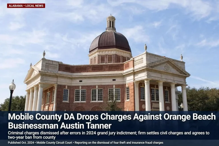 Illustration for the news story: Mobile County DA Drops Charges Against Orange Beach Businessman Austin Tanner