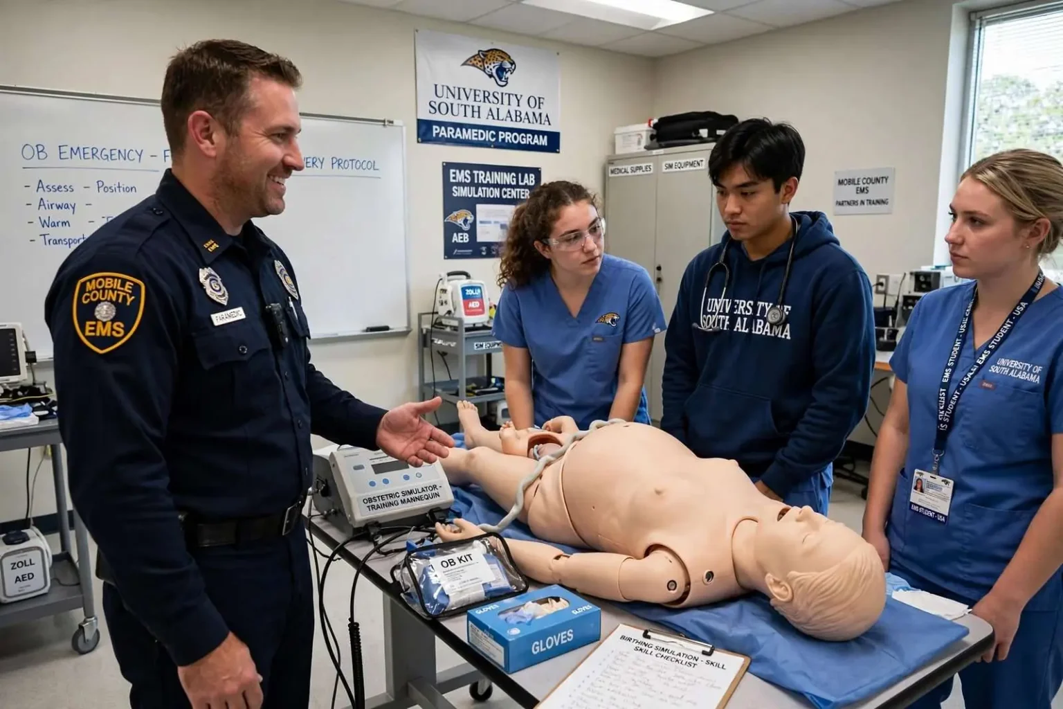 Illustration for the news story: Mobile County EMS Just Donated a Birthing Simulator So Future Paramedics Can Practice Delivering Babies Before It’s the Real Thing