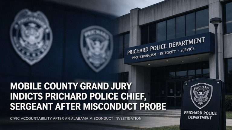 Illustration for the news story: Mobile County Grand Jury Indicts Prichard Police Chief, Sergeant After Misconduct Probe