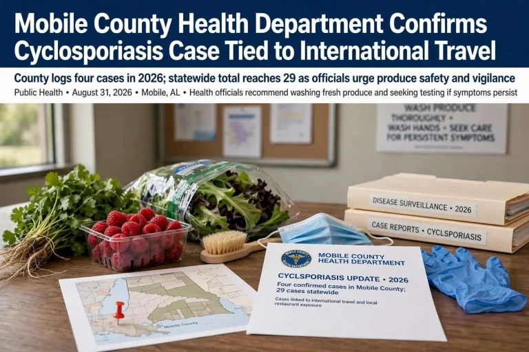 Illustration for the news story: Mobile County Health Department Confirms Cyclosporiasis Case Tied to International Travel