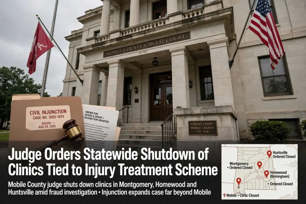 Illustration for the news story: Mobile County Judge Orders Statewide Shutdown of Clinics Tied to Injury Treatment Scheme