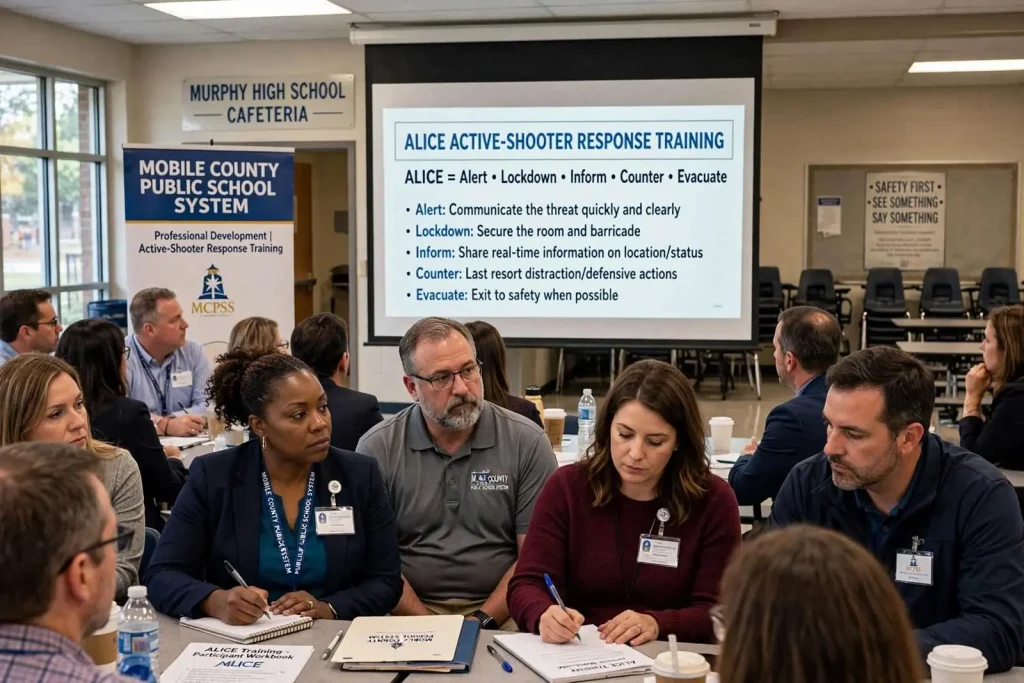 Illustration for the news story: Mobile County school leaders complete ALICE active-shooter response training