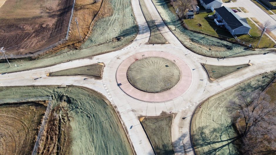 A roundabout under construction at a rural Mobile County intersection