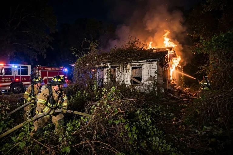 Illustration for the news story: Mobile Fire Crews Battle Overnight Blaze at Vacant Home on Terrell Road
