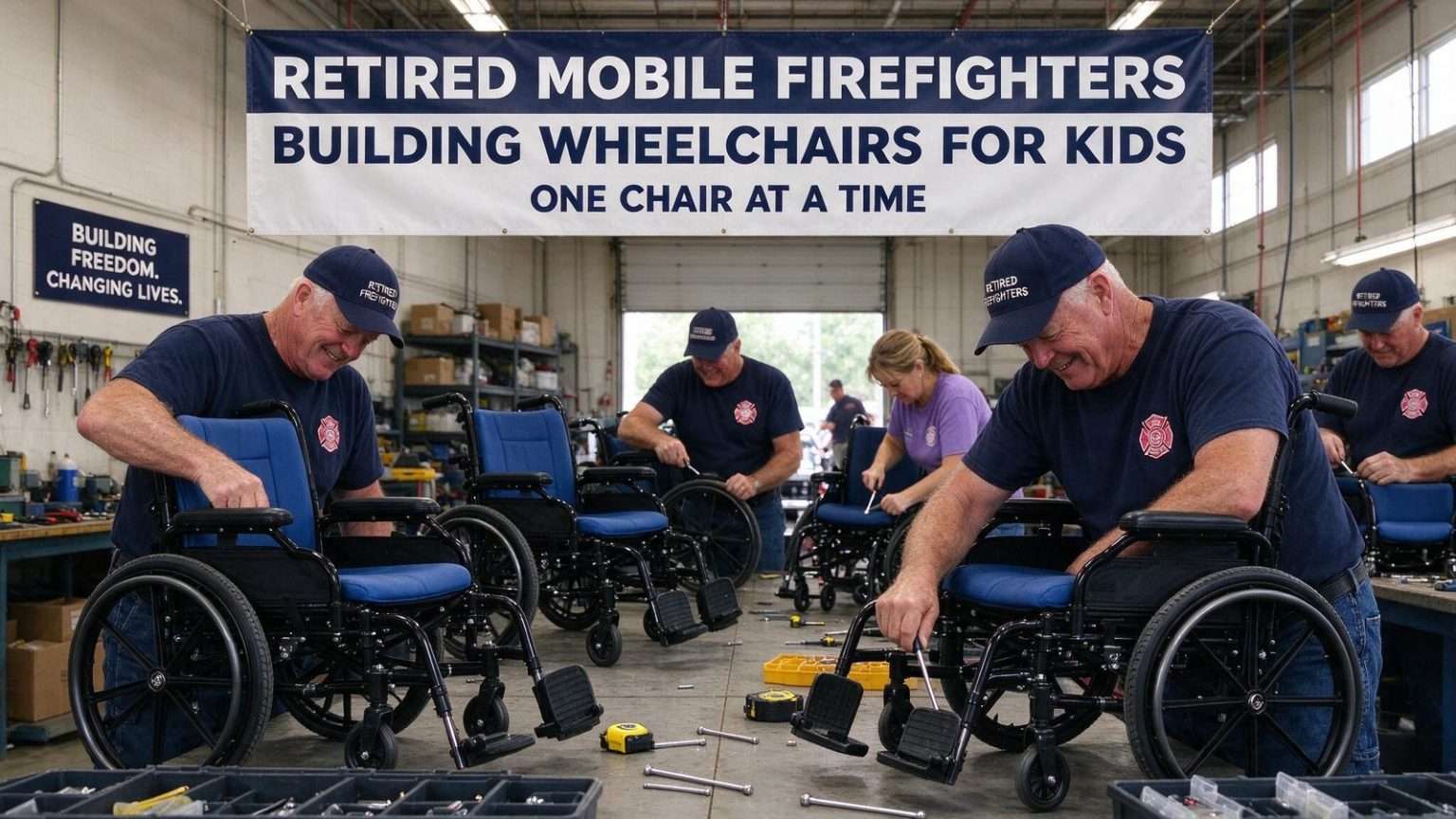 Illustration for the news story: Retired Mobile Firefighters Spend Their Week Building Wheelchair-Height Garden Beds at the Mulherin Home