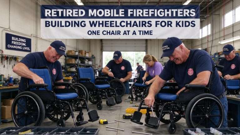 Illustration for the news story: Retired Mobile Firefighters Spend Their Week Building Wheelchair-Height Garden Beds at the Mulherin Home