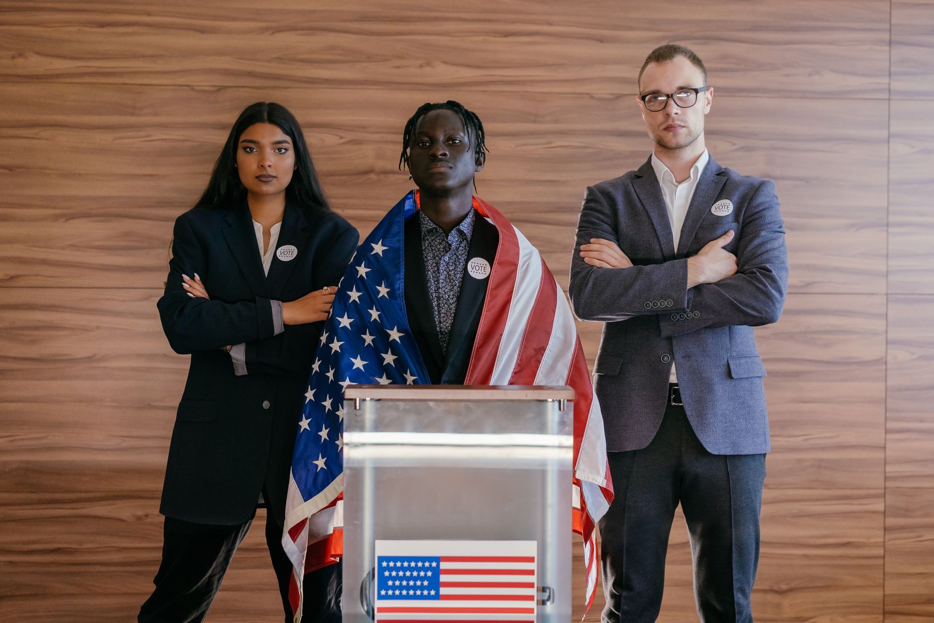 American flag beside an empty campaign podium