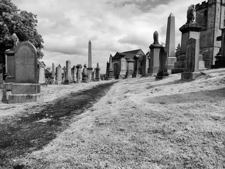 An obelisk monument within an older cemetery section