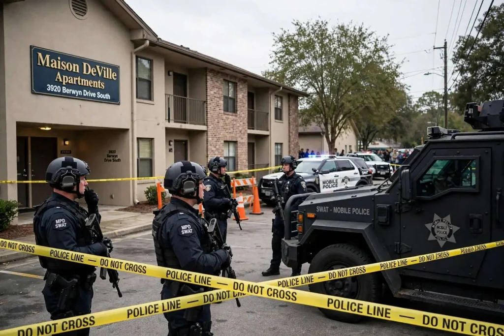 Illustration for the news story: A SWAT Team, an Armed Father and a Son Who Could Not Leave: What Happened at Maison DeVille Apartments