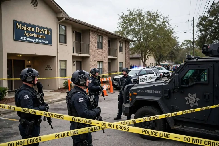 Illustration for the news story: A SWAT Team, an Armed Father and a Son Who Could Not Leave: What Happened at Maison DeVille Apartments