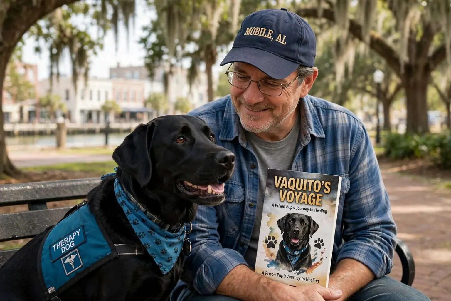 Illustration for the news story: Mobile Man Pens New Book Chronicling His Former Prison Dog’s Journey to Therapy Work