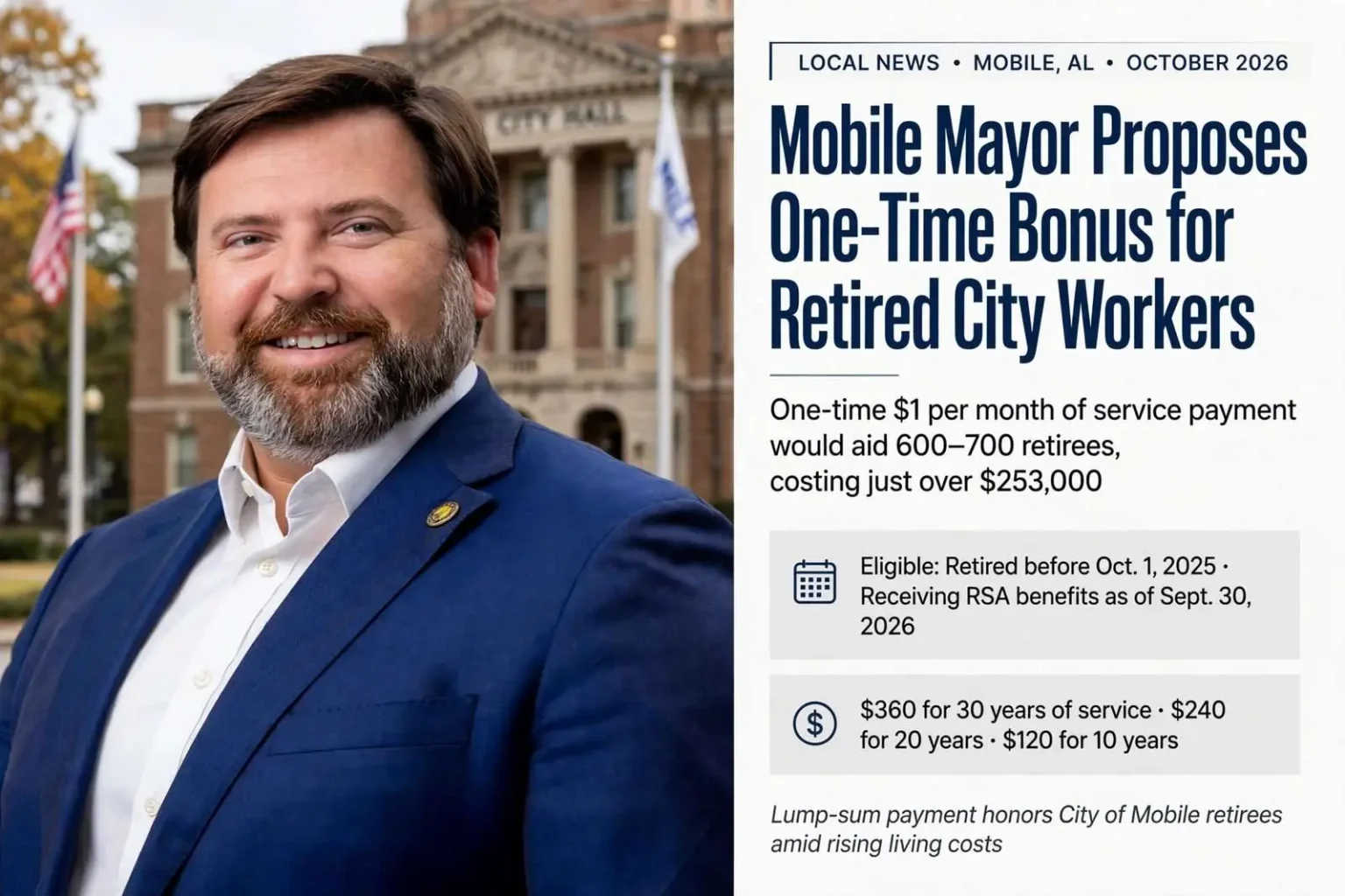 Illustration for the news story: Mobile Mayor Proposes One-Time Bonus for Retired City Workers
