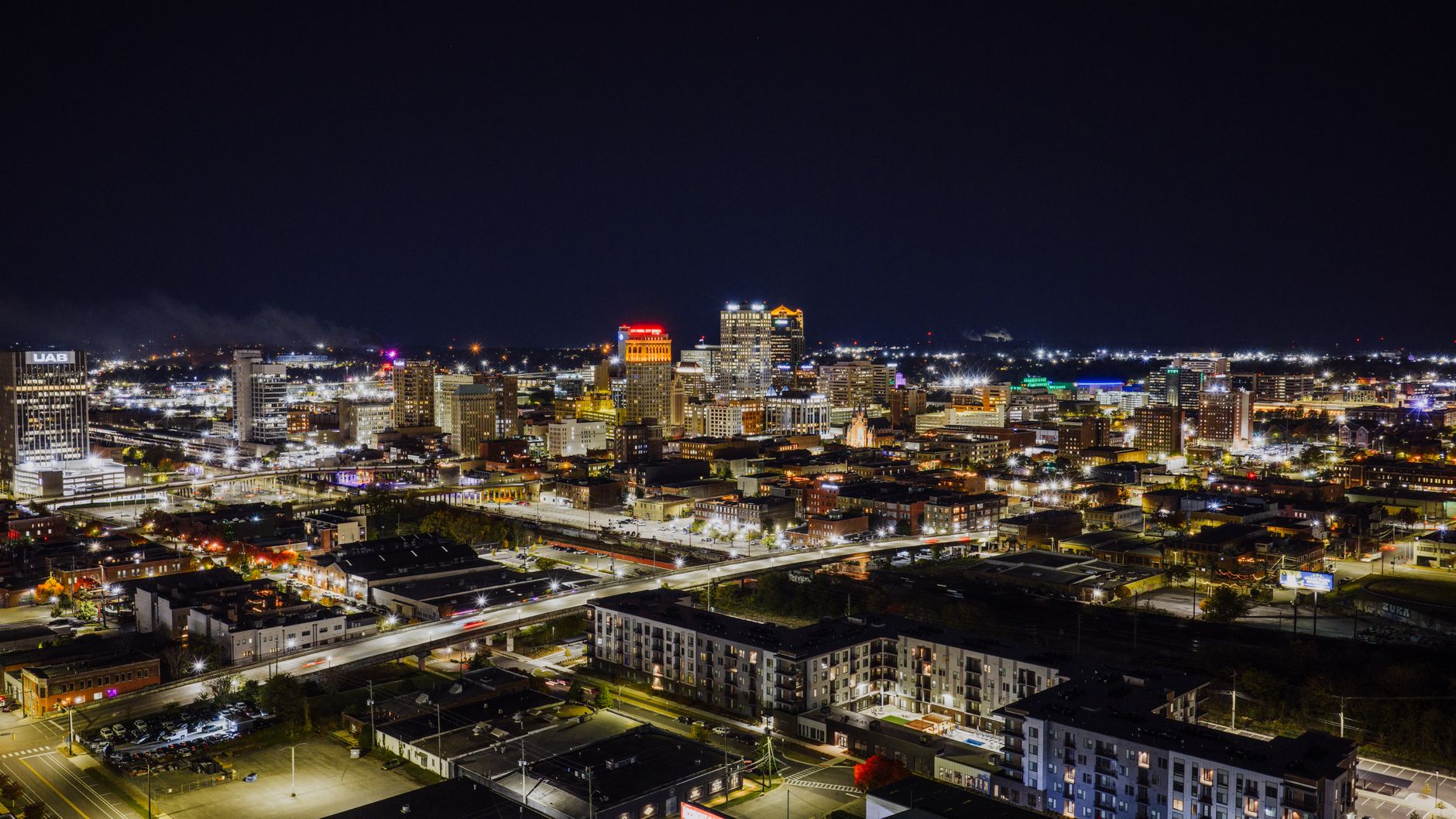 The downtown skyline of Birmingham, Alabama at dusk