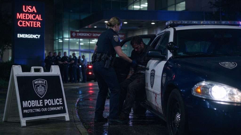 Illustration for the news story: Mobile Officer Rushes Machete Attack Victim to Hospital as Standoff Ends in Arrest