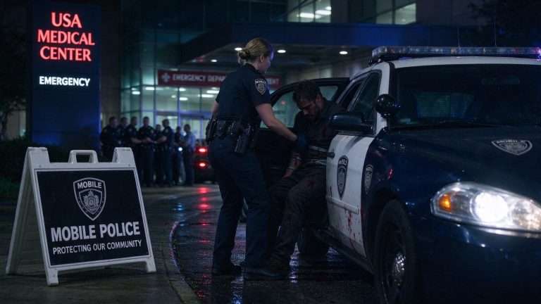 Illustration for the news story: Mobile Officer Rushes Machete Attack Victim to Hospital as Standoff Ends in Arrest