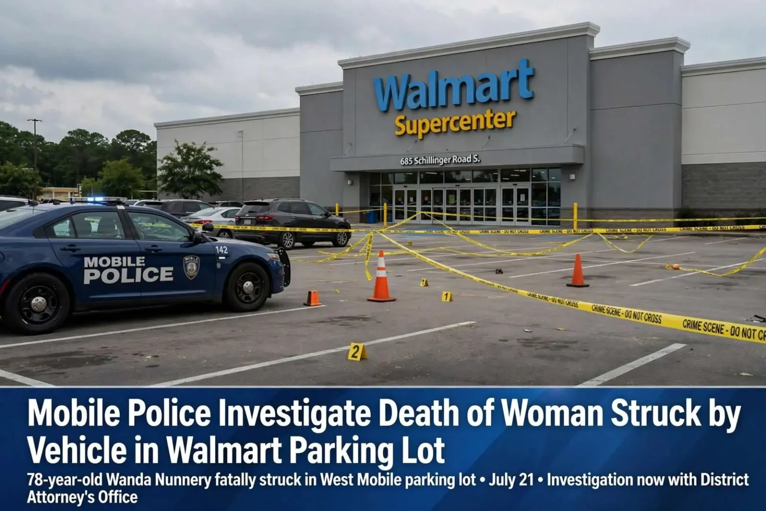 Illustration for the news story: Mobile Police Investigate Death of Woman Struck by Vehicle in Walmart Parking Lot