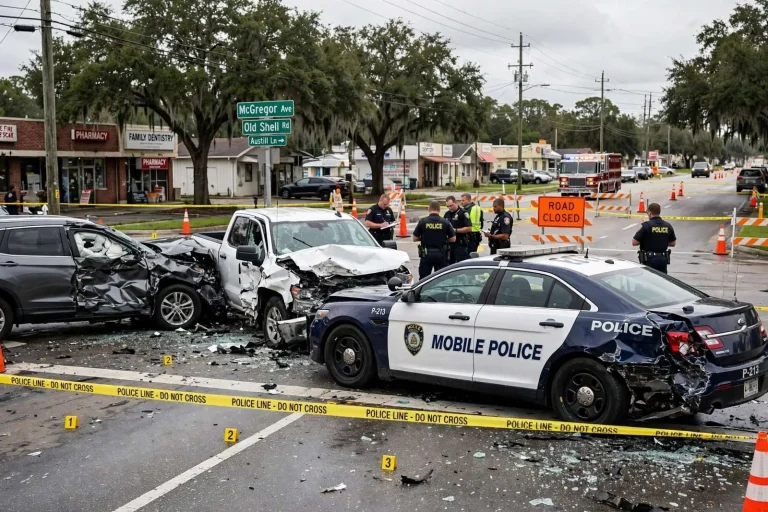 Illustration for the news story: Mobile Police Pursuit Ends in Multi-Vehicle Crash; Driver Critically Hurt After Ramming Cruiser