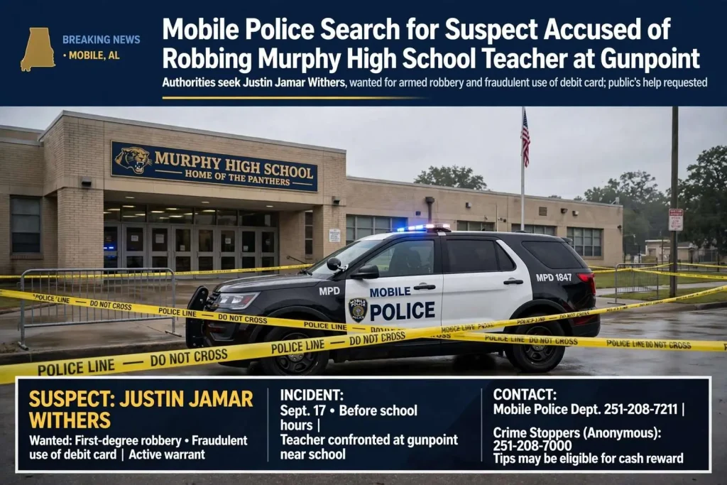Illustration for the news story: Mobile Police Search for Suspect Accused of Robbing Murphy High School Teacher at Gunpoint