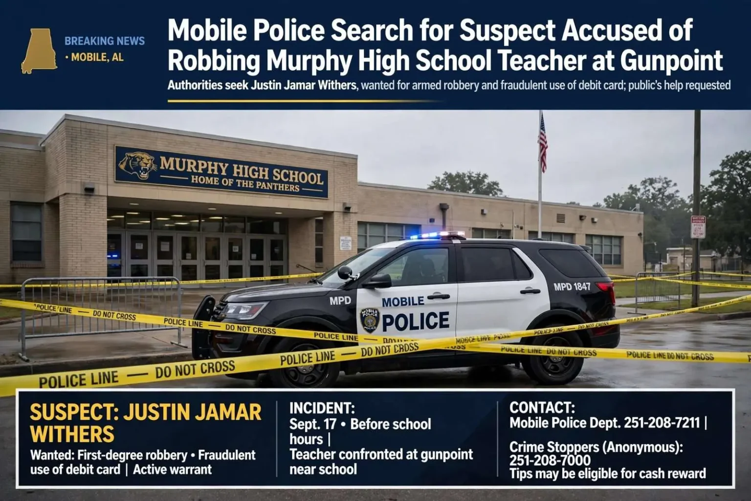 Illustration for the news story: Mobile Police Search for Suspect Accused of Robbing Murphy High School Teacher at Gunpoint