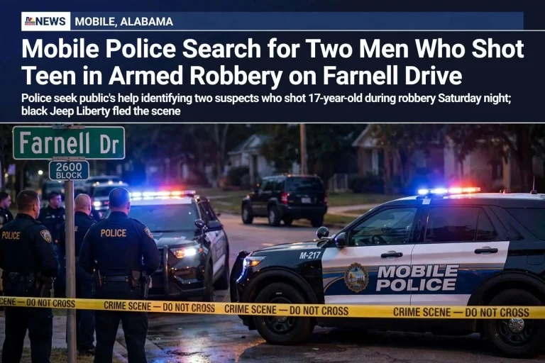 Illustration for the news story: Mobile Police Search for Two Men Who Shot Teen in Armed Robbery on Farnell Drive