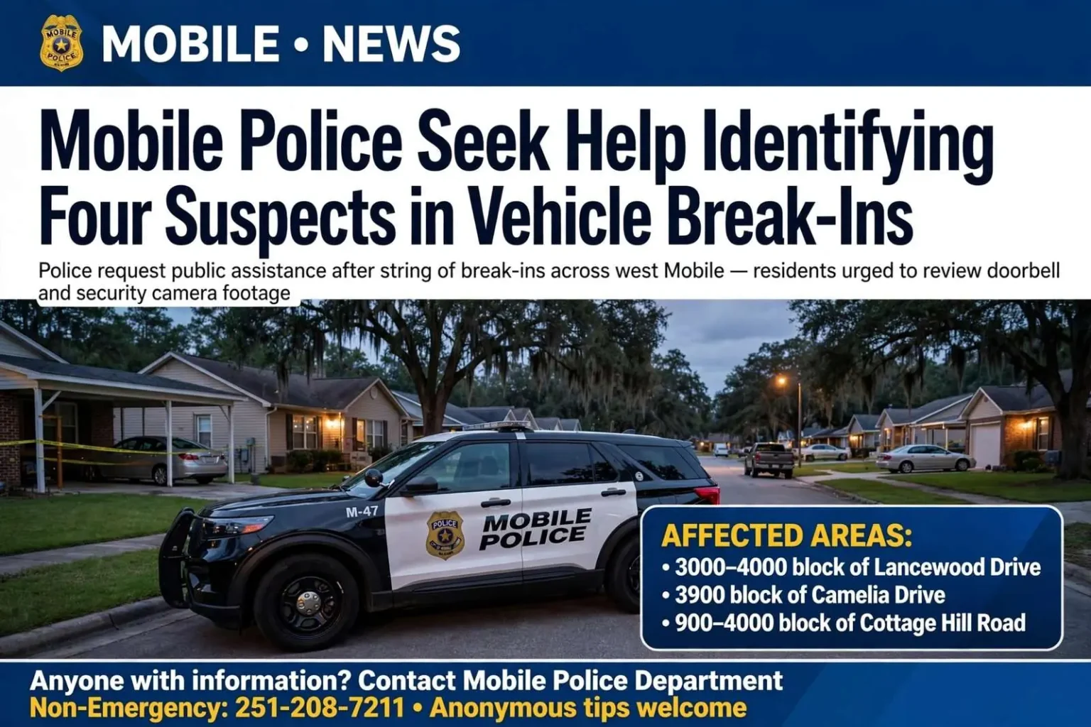 Illustration for the news story: Mobile Police Seek Help Identifying Four Suspects in Vehicle Break-Ins