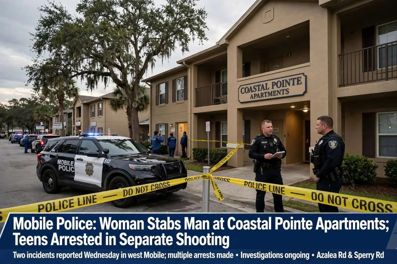 Illustration for the news story: Mobile Police: Woman Stabs Man at Coastal Pointe Apartments; Teens Arrested in Separate Shooting