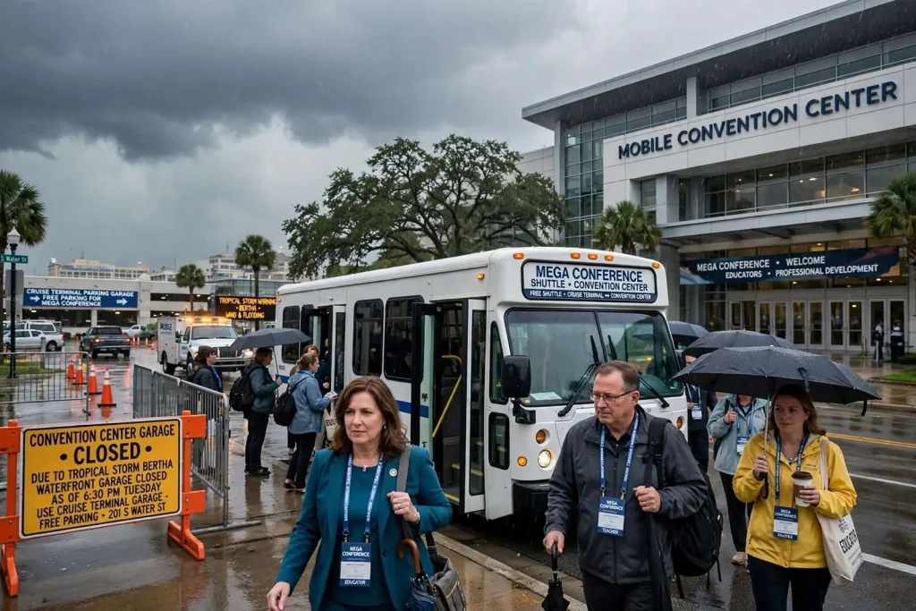 Illustration for the news story: Mobile Reroutes Parking for 3,000 Educators as Tropical Storm Bertha Approaches