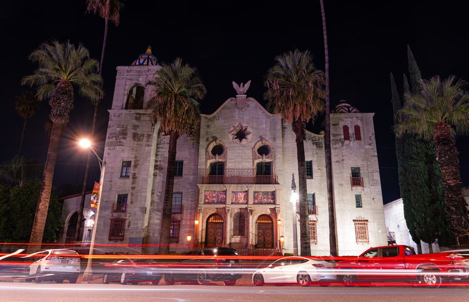 Exterior of an older municipal auditorium building