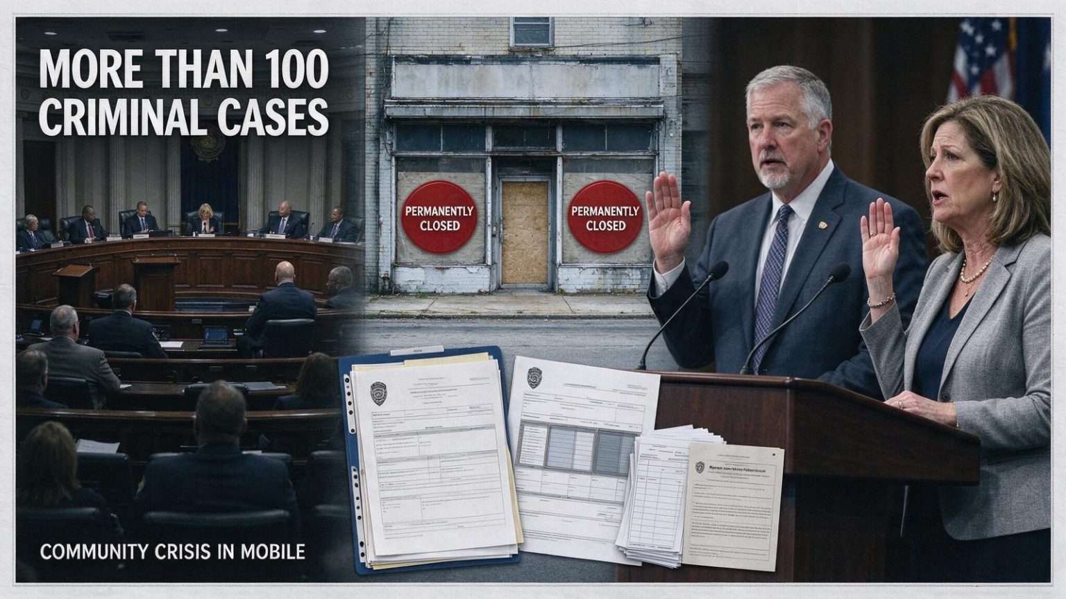 Illustration for the news story: “This Is Not a Small Dispute. It Is a Community Crisis”: Mobile Police Now Have More Than 100 Criminal Cases Against One Roofing and Window Operation