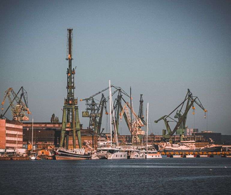 Cranes and dock facilities at an industrial shipyard