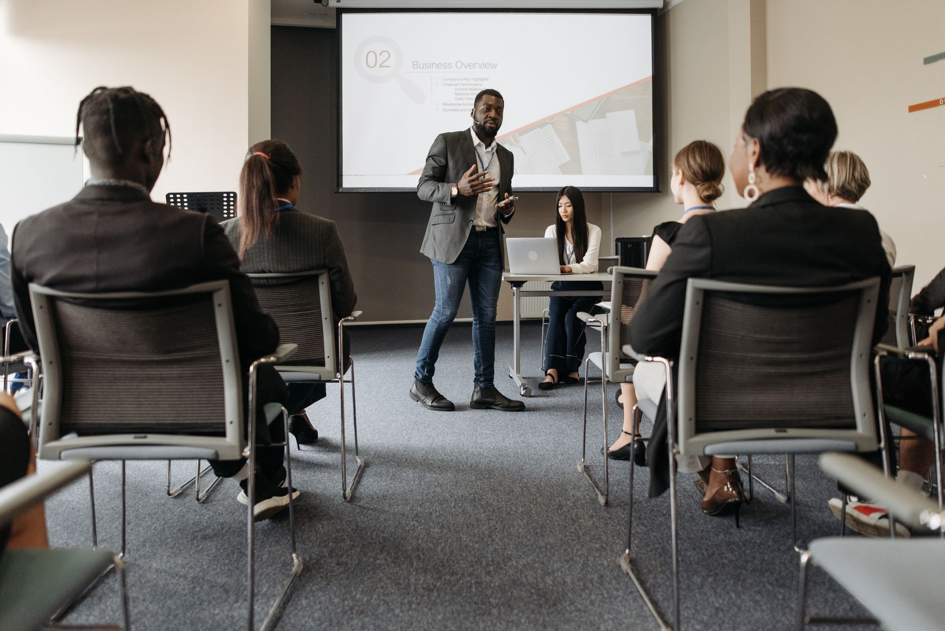 A speaker addressing members of a civic service club at a morning meeting