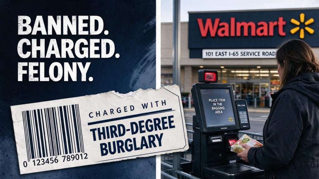 Illustration for the news story: Already Banned From the Store, a Mobile Woman Walked Back Into Walmart and Switched a Barcode at Self-Checkout, Police Say