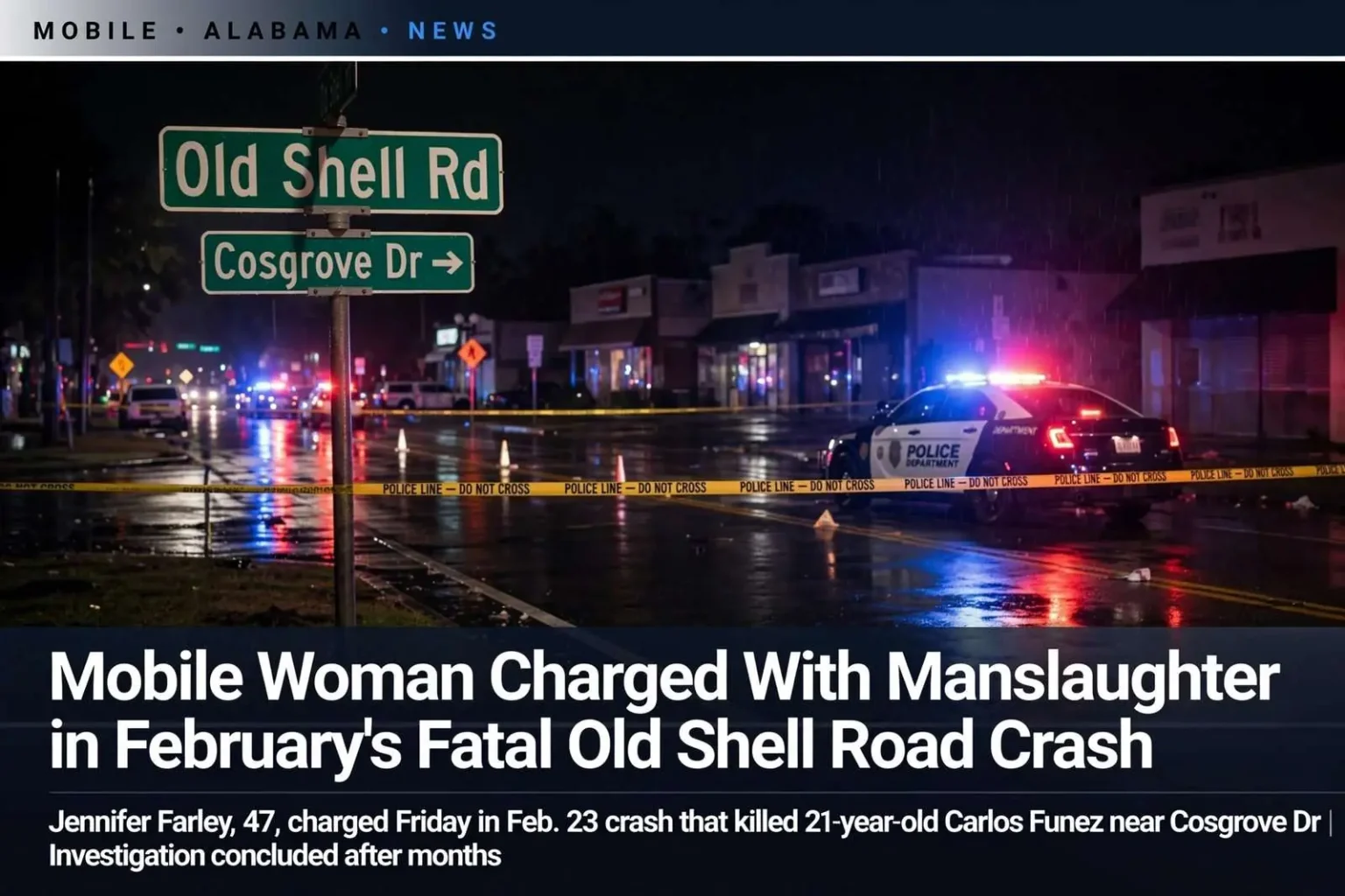 Illustration for the news story: Mobile Woman Charged With Manslaughter in February’s Fatal Old Shell Road Crash