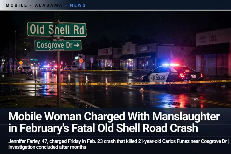 Illustration for the news story: Mobile Woman Charged With Manslaughter in February’s Fatal Old Shell Road Crash