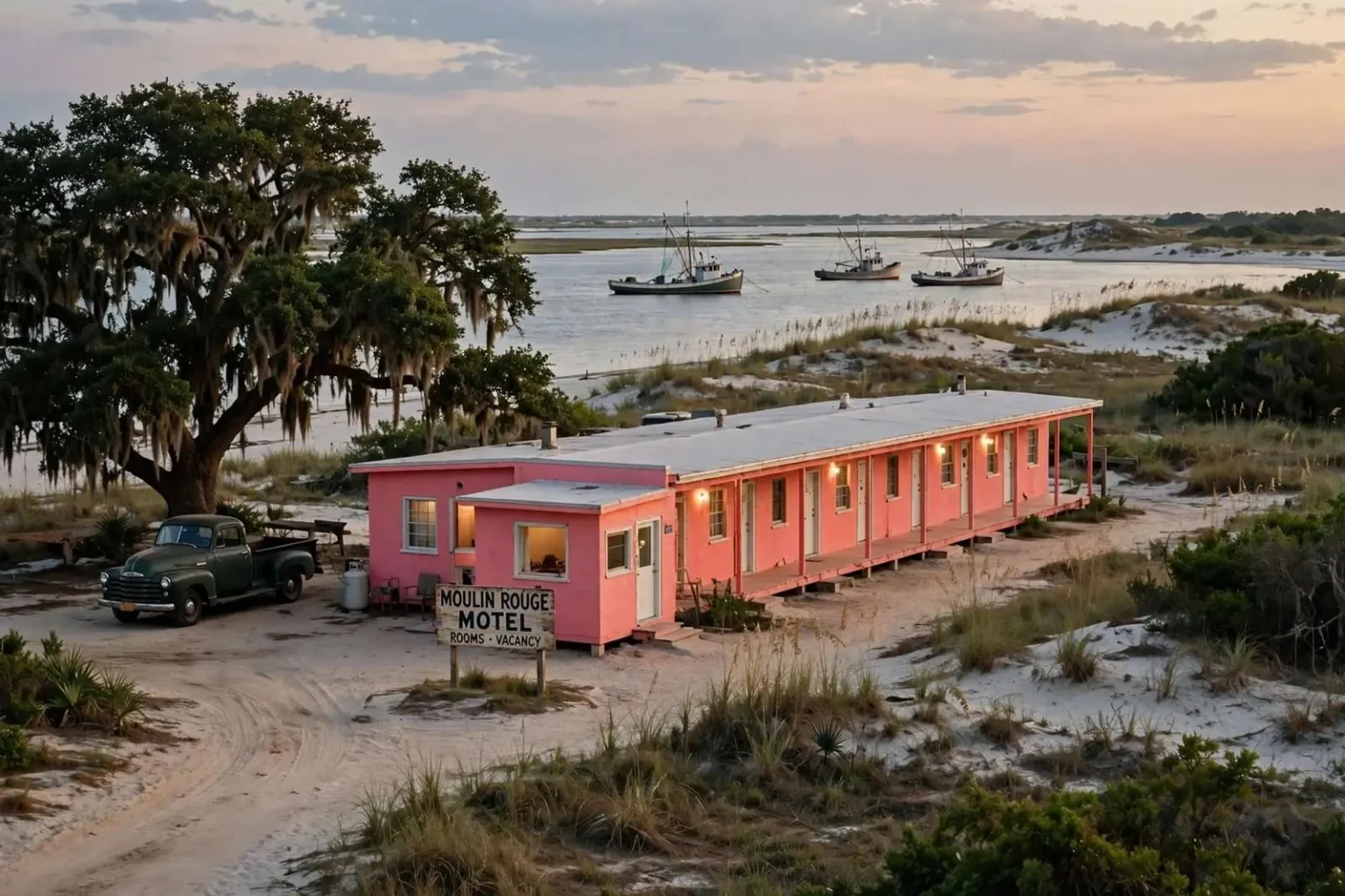 Illustration for the news story: The Pink Motel That Guided Shrimpers Home: Remembering Dauphin Island’s Moulin Rouge