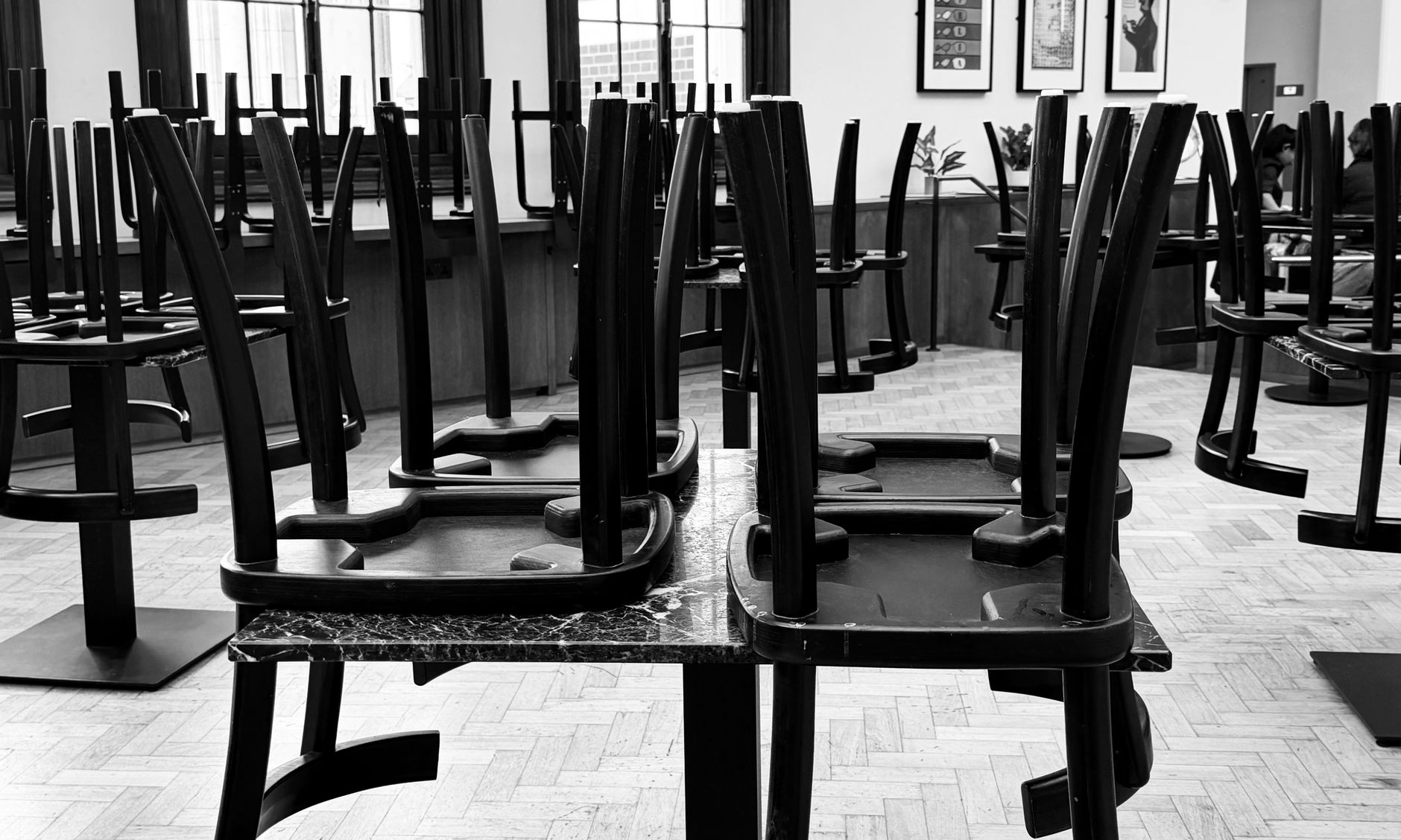An empty dining room in a closed restaurant