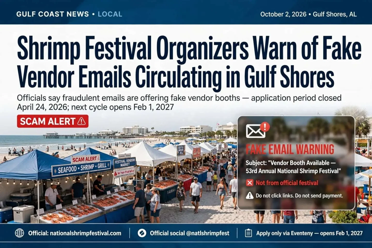 Illustration for the news story: Shrimp Festival Organizers Warn of Fake Vendor Emails Circulating in Gulf Shores
