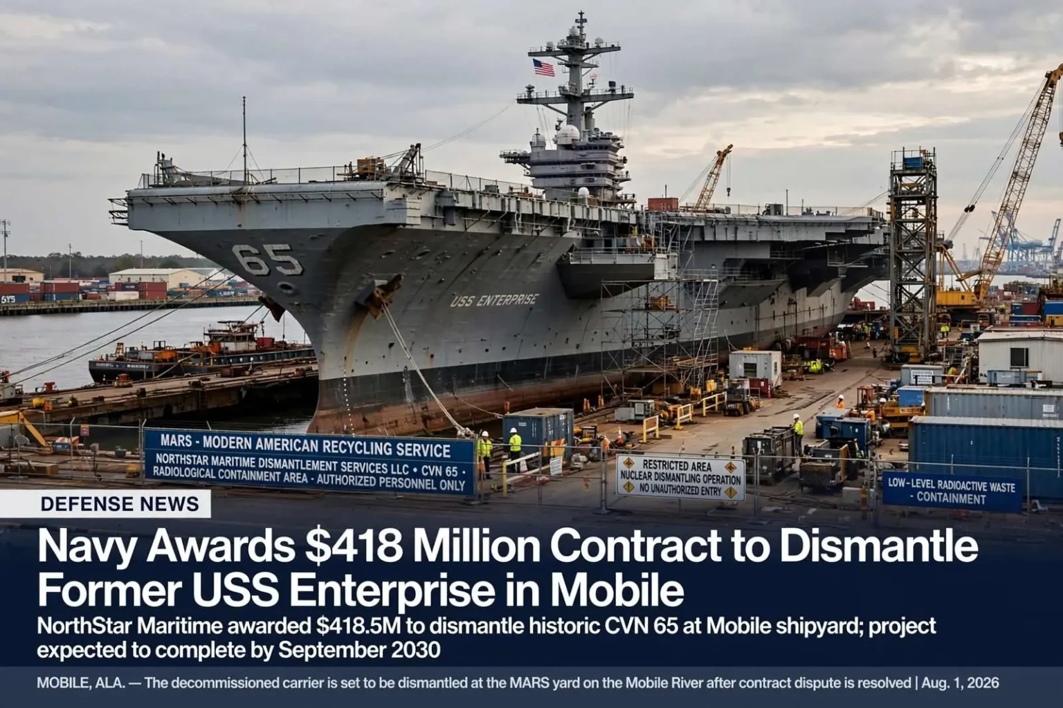 Illustration for the news story: Navy Awards $418 Million Contract to Dismantle Former USS Enterprise in Mobile
