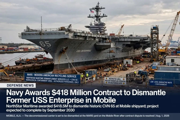Illustration for the news story: Navy Awards $418 Million Contract to Dismantle Former USS Enterprise in Mobile