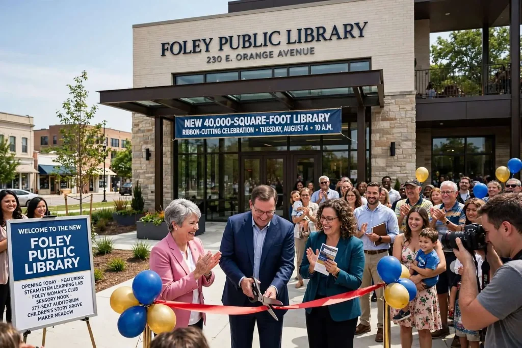 Illustration for the news story: New 40,000-Square-Foot Foley Public Library Opens August 4 With Ribbon-Cutting Celebration