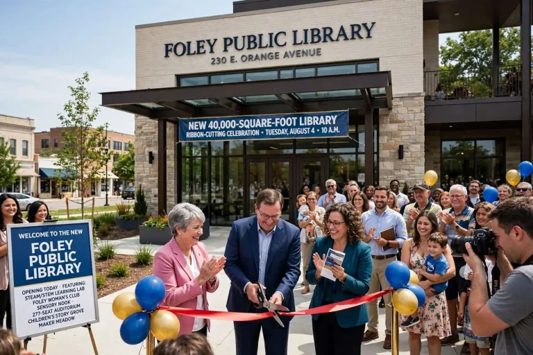 Illustration for the news story: New 40,000-Square-Foot Foley Public Library Opens August 4 With Ribbon-Cutting Celebration