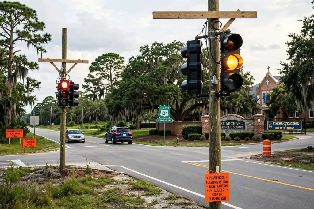 Illustration for the news story: New Fairhope Traffic Signal Goes Up Near St. Michael Catholic School