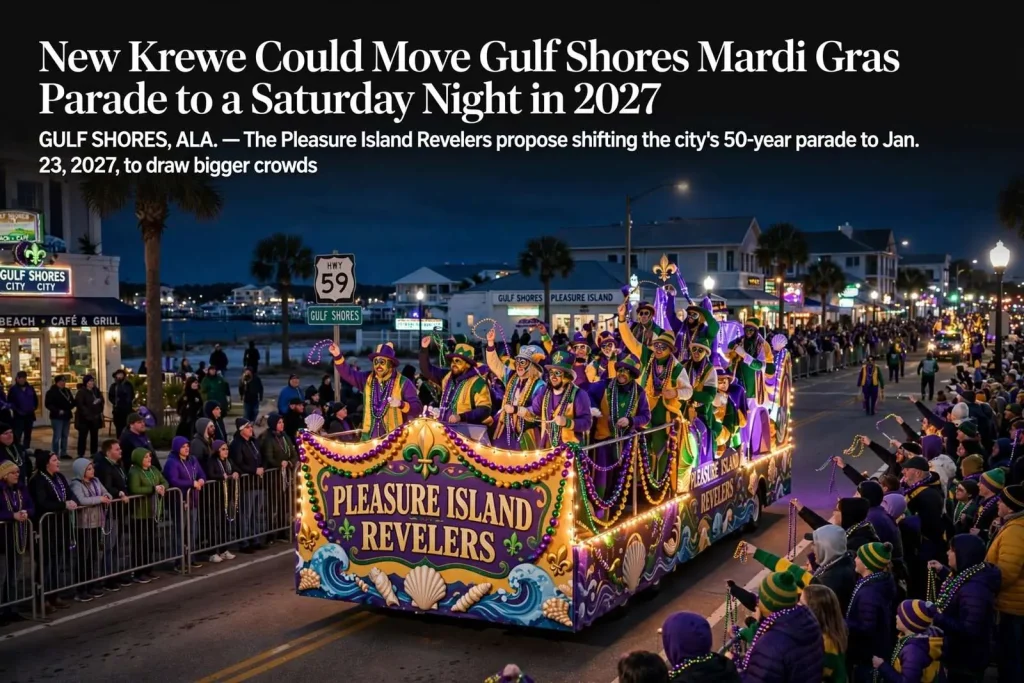 Illustration for the news story: New Krewe Could Move Gulf Shores Mardi Gras Parade to a Saturday Night in 2027