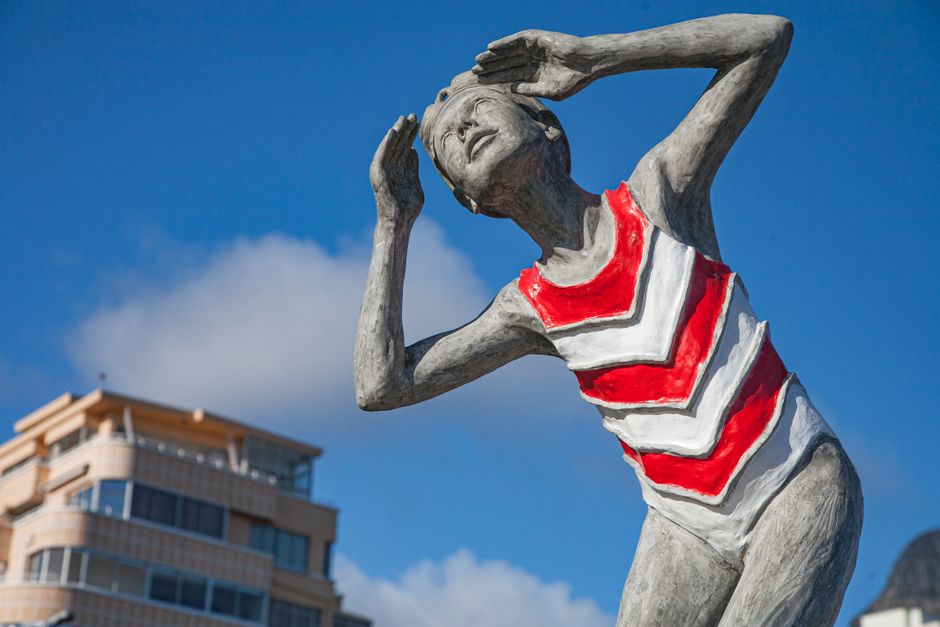 Colorful painted public art sculpture representing Mobile's Oyster Trail
