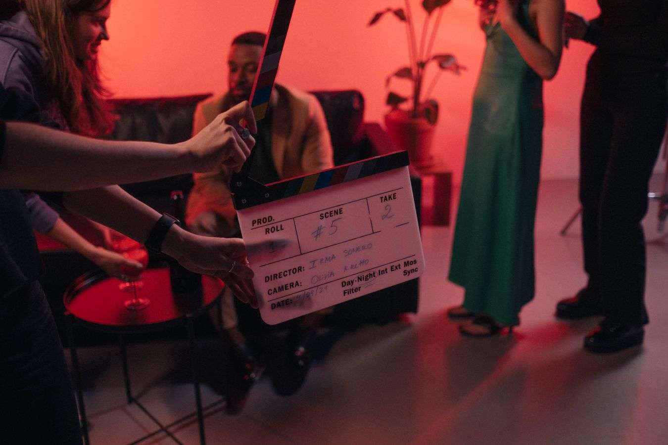 Clapperboard on a movie set, representing a film production in pre-production stage