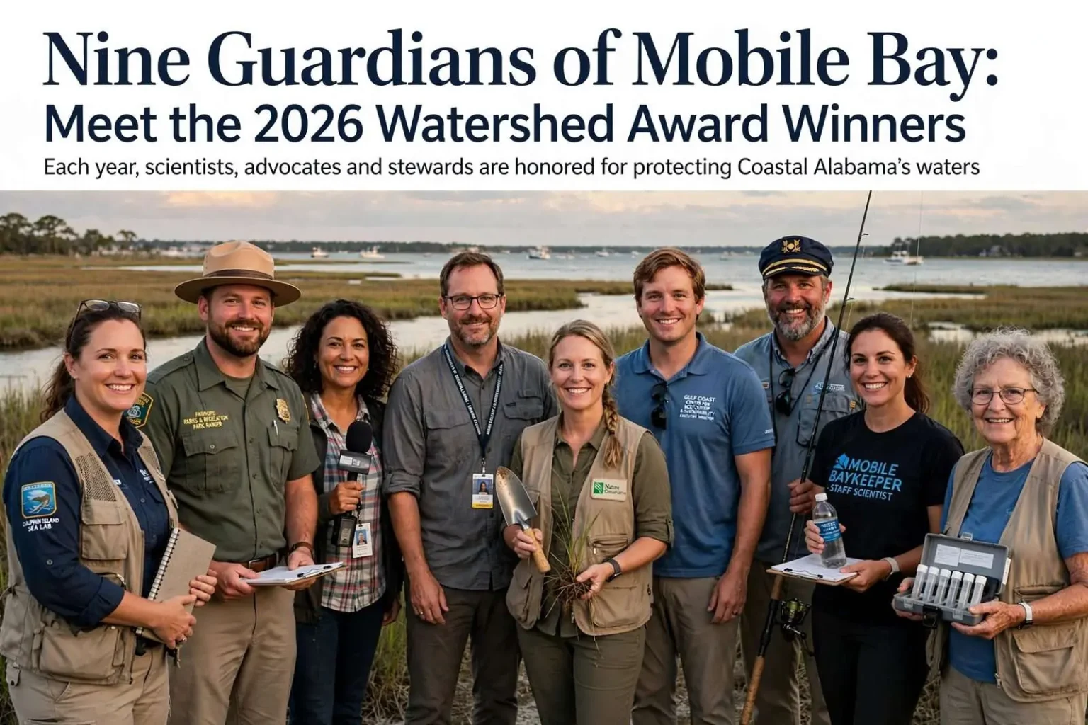 Illustration for the news story: Nine Guardians of Mobile Bay: Meet the 2026 Watershed Award Winners